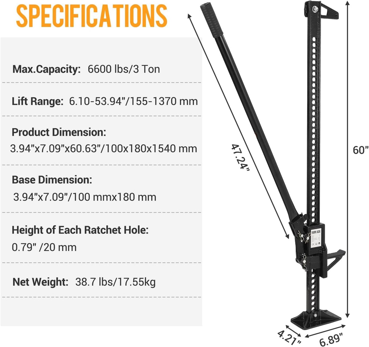 Multi-Functional Lift Jack, Farm Jack Heavy Duty Off Road, for Tractor, Truck, SUV, ATV, UTV, Off Road Accessories, Durable 3 Ton with Wide Base & Ratcheting Mechanism