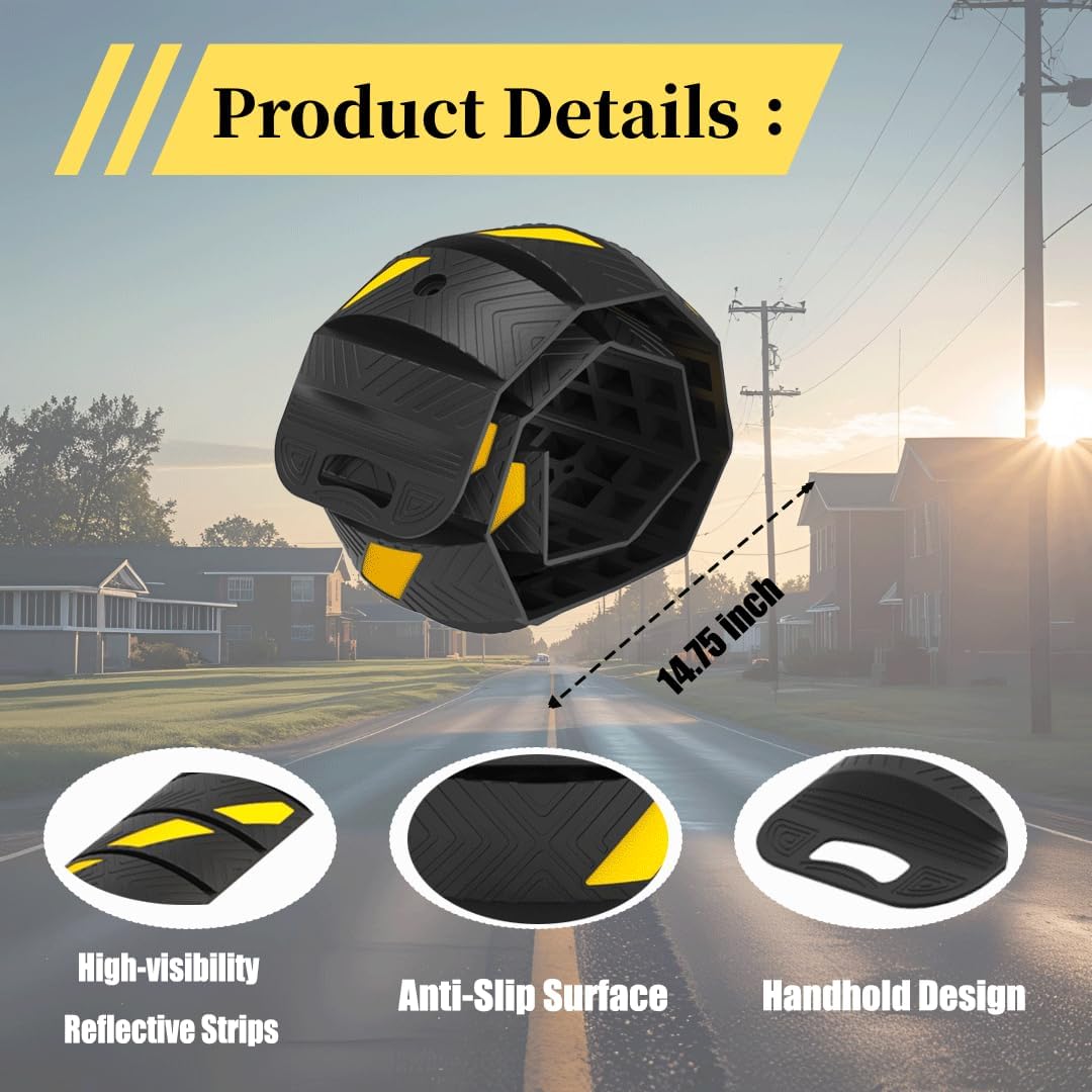 76"x10"x 2" Portable Rubber Speed Bump Reflective Yellow-Black,Quick to fold, Unfold, and Secure for Road use. Suitable for Asphalt Cement Gravel Roads Parking Lots garages Schools and Other Areas.