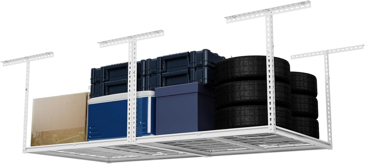 The Atlas Pro 4 x 8 ft Overhead Garage Storage Rack, Ultra Duty 1250lbs Weight Capacity, Adjustable Height 26"-48", White