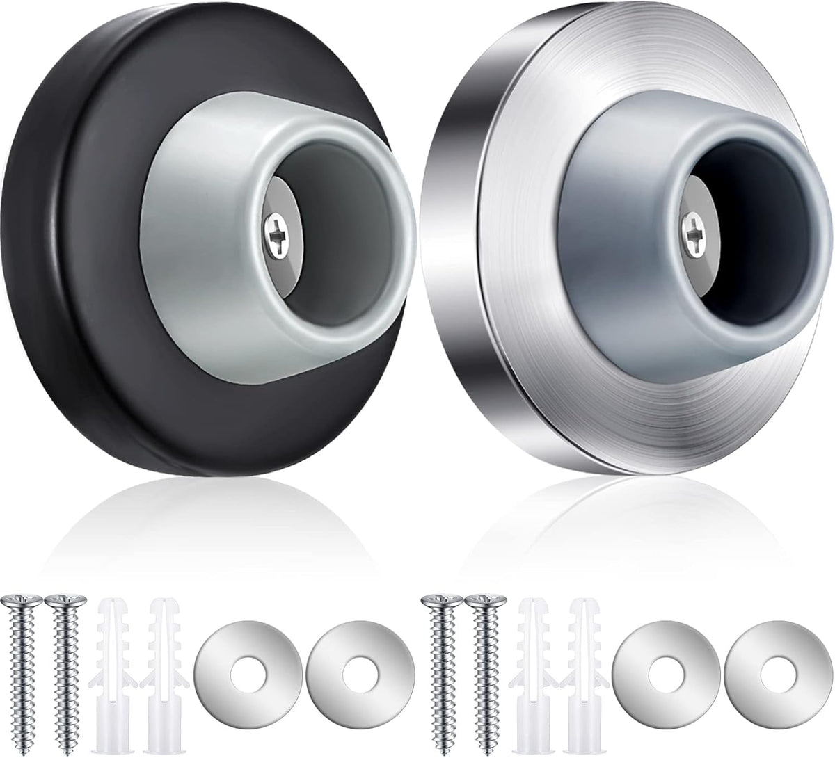 Blulu Concave Wall Door Stopper Door Bumper Stainless Steel Wall Protector Flush Bumper with Grey Rubber Concave Knob Cover Stopper(Silver, Black,2 Pieces)