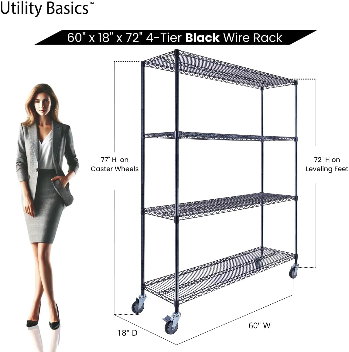 60"x18"x72" Black Premium Metal Steel Wire Shelving 4-Tier NSF 3200 LBS MAX Capacity Heavy Duty Storage Rack for Garages, Commercial Spaces, Hospitals, & Schools w/Premium Wheels