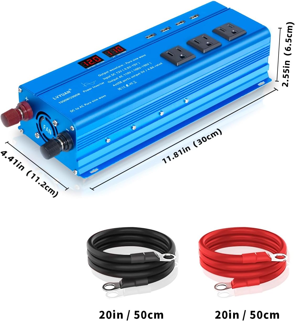 LVYUAN 1000 Watt Pure Sine Wave Inverter 12V to 110V 120V DC to AC with LED Display, 3 U.S. Outlet, USB Charger Ports, Car Power Inverter for Vehicles, RV, Outdoor, Home