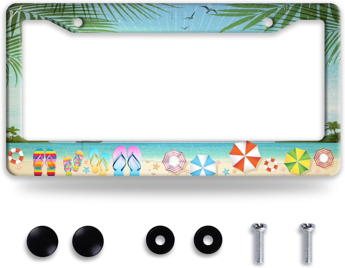 Beach Flip Flops License Plate Frame Funny Seaside License Plate Frames Stainless Steel Accessories Cars Decor with 2 Holes and Screws Fits Standard Us Ca Vehicles License Plate Holder 12.2 X 6 Inch