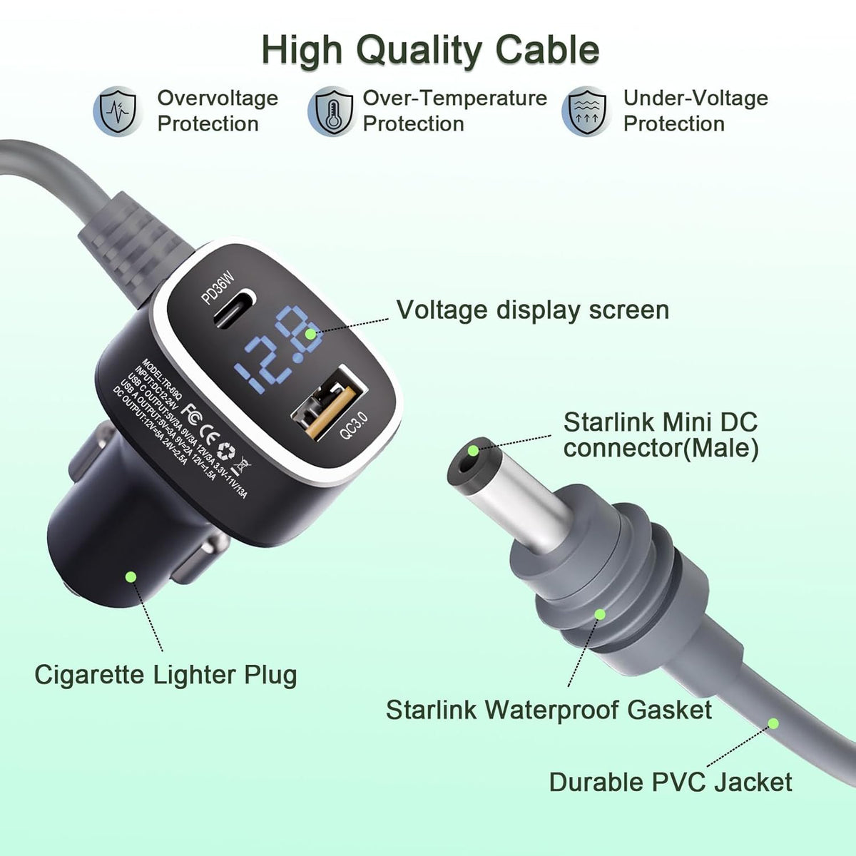 3 in 1 Car Power Cable for Starlink Mini Cigarette Lighter Adapter, Car Charger for Mini Starlink DC Power Cable with Digital Display, Durable & High Speed Charging USB A/USB C Port (3M/10FT)