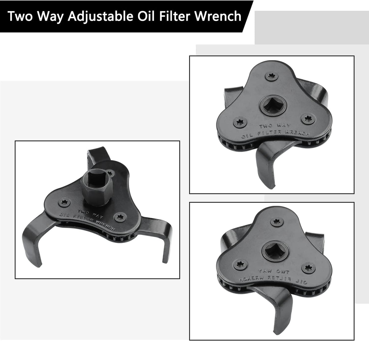 Universal Adjustable Oil Filter Wrench, Carbon Steel, Black, 1/2 & 3/8 Inch Square Drive Socket, 3-Jaw & 2-Way Design
