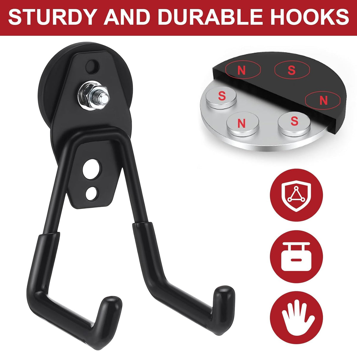 Landhoow Large Magnetic Hooks Heavy Duty Garage Magnet Hooks Strong Storage Utility Magnetic Hangers with Anti Slip Rubber Coating for Indoor and Outdoor Hanging(Black,22 Pcs)