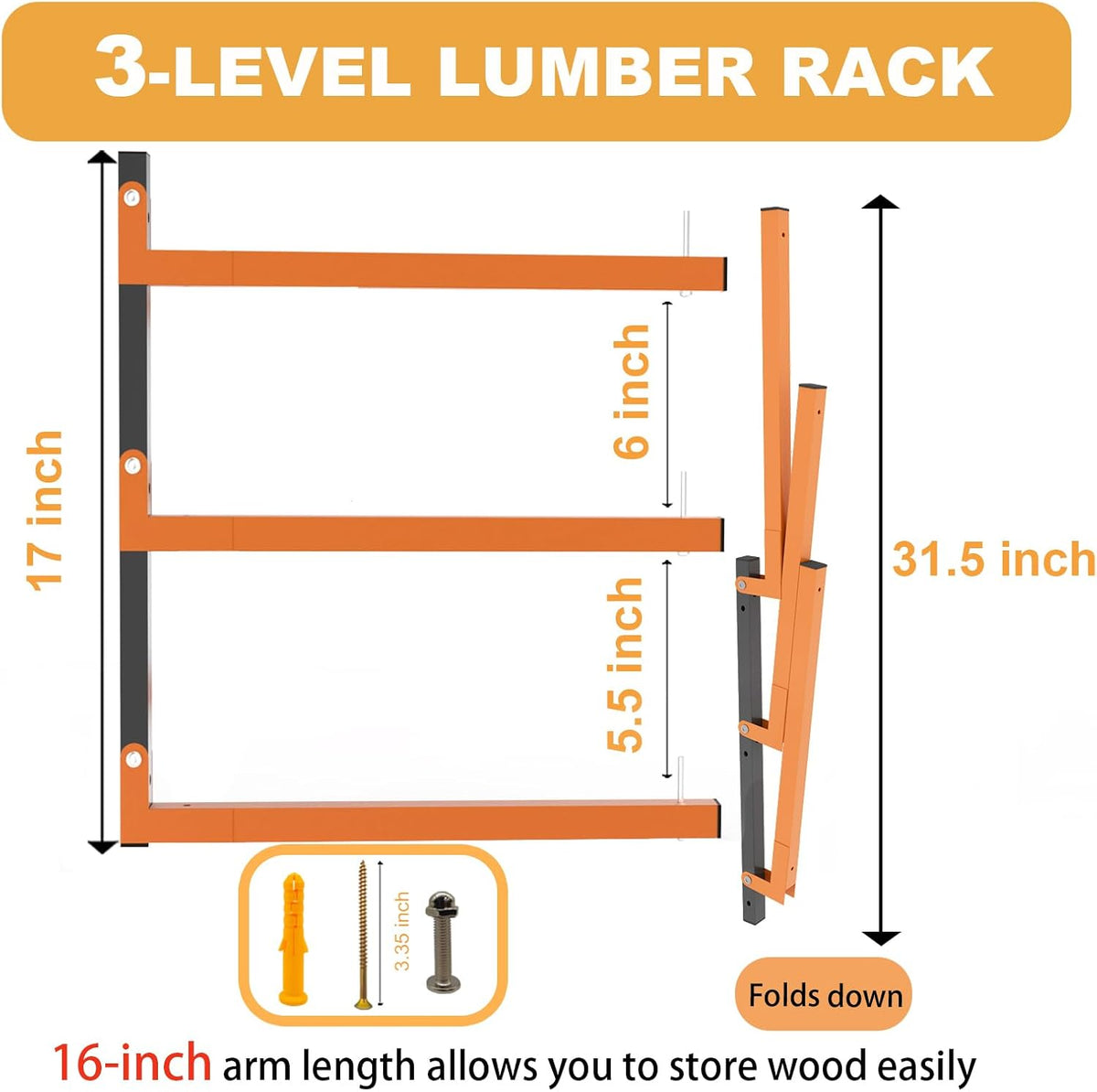 Lumber Rack Wall Mount, Heavy Duty Wood Storage Racks, 3-Level System Garage Shelving, 380 Lbs Capacity Organizer Shelves, Folding Orange Brackets, 2 Pack Hanging Metal Shelf for Indoor and Outdoor