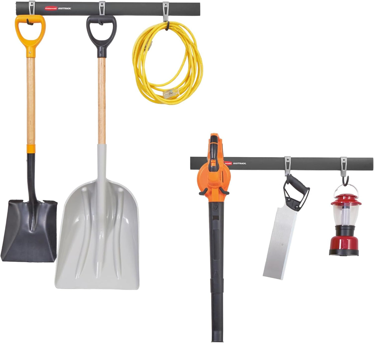 Rubbermaid Garage FastTrack 8-Piece Small Kit Black/Grey All-in-One Rail & Hook Wall Hanging Kit Wall Mounted Storage Solution for Home/Garage