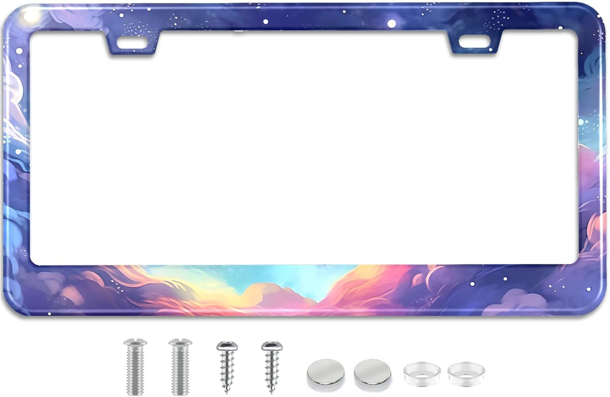 Space Galaxy License Plate Frame Blue Cloud Stars Sky Stainless Steel License Plate Holder Auto Parts Decoration with Screws License Plate Holder 12x6 Inch for Women Gift Car Accessories