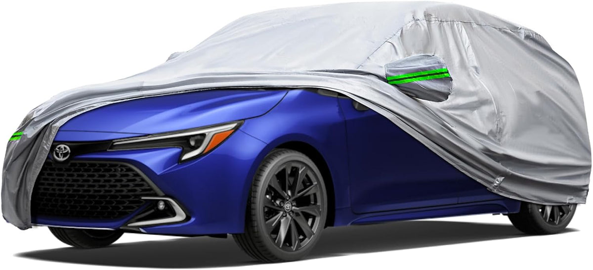 KEYOOG 6-Layer Full Car Cover is All-Weather Waterproof, All Seasons, Snow Prevention Rainproof, Acid Rainproof, Sunscreen, Ultraviolet-Proof, Fits Hatchbacks up to 173 ", Green Reflective Strip