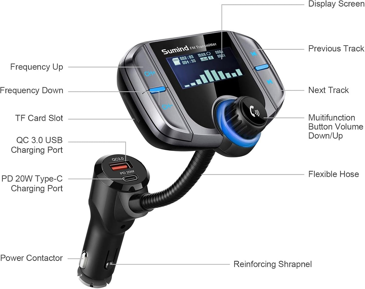 Upgraded Bluetooth FM Transmitter, Wireless Radio Adapter Hands Free Car Kit with 1.7'' Display, QC3.0 and Smart 2.4Amp Dual USB Ports, AUX Input/Output, TF Card Mp3 Player (PD, Sliver Grey)