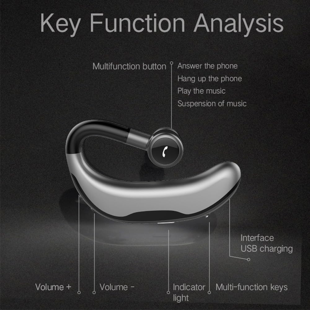 IHAO Bluetooth Earpiece Headphone Dual Noise Cancelling Mic Painless Open-Ear Handsfree Headset Stereo Sound Left/Right Changeable Earhook Earphones for Driving/Business/Gym-Single Ear F600 Black