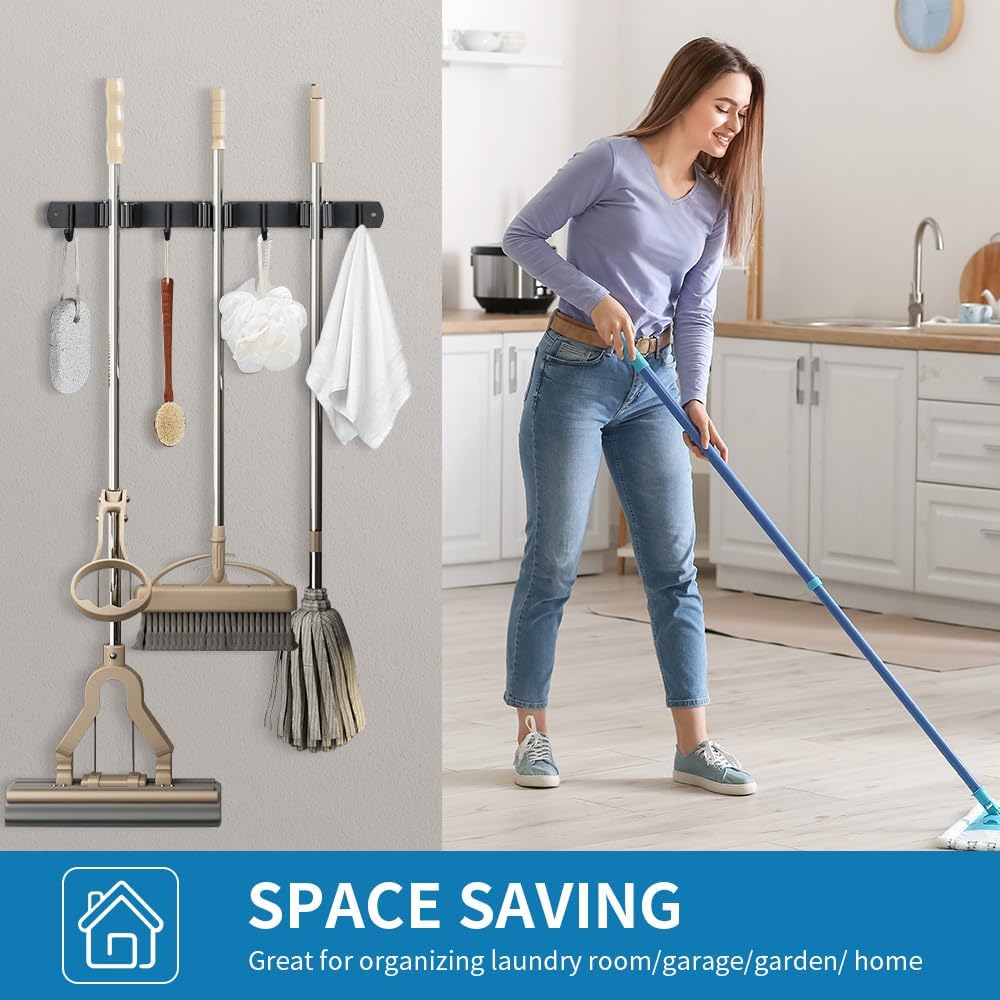 2 Pack Broom Hanger and Mop Holder, Heavy Duty Garden Tool Organizer Rack Rake and Shovel Handle, Stainless Steel Wall Mounted Utility Rack with Screws (3 Racks with 4 Hooks, Matte Black).