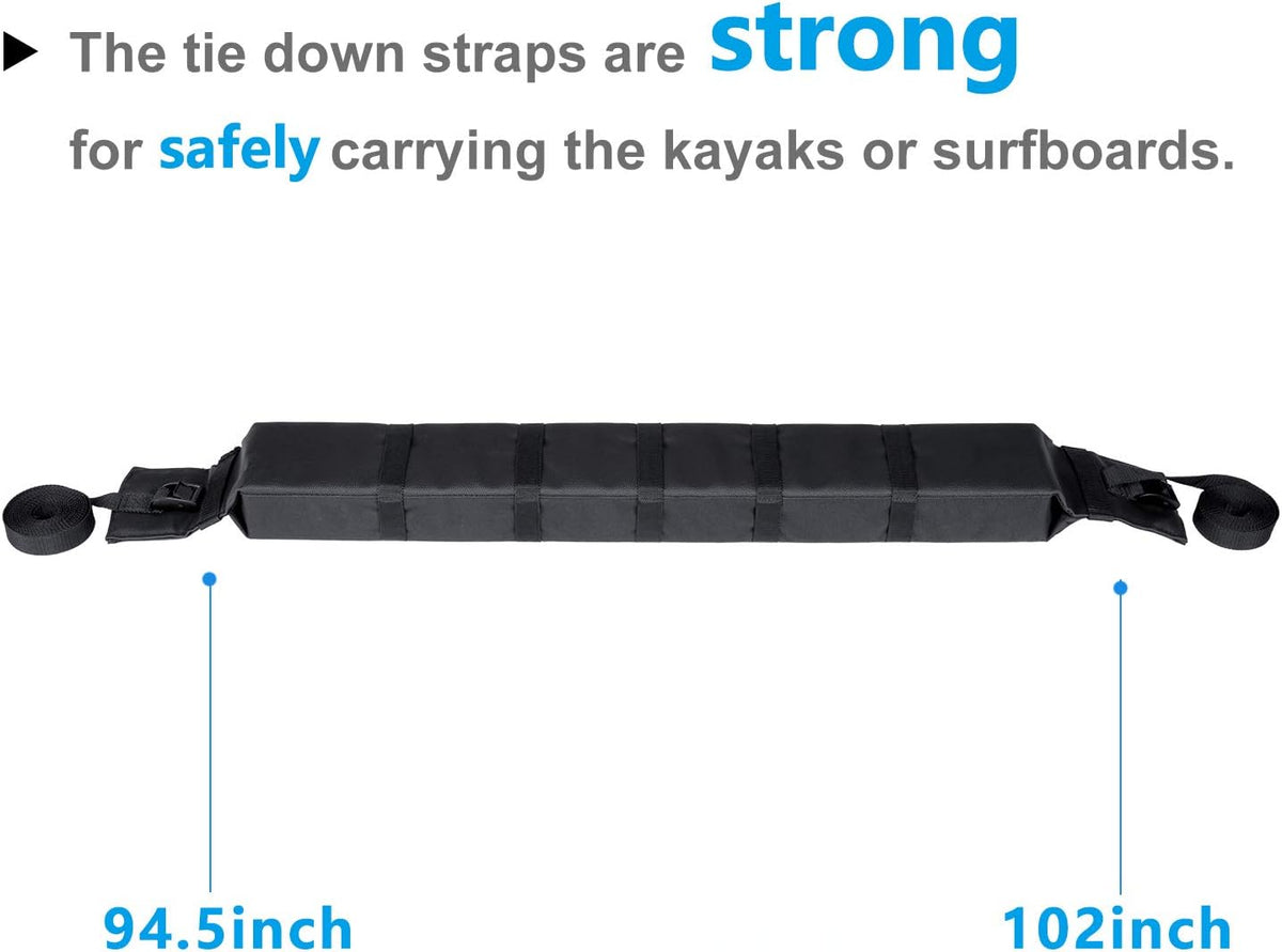 Kayak Roof Rack Pads Universal Car Soft Roof Rack for Canoe/Surfboard/Paddle Board/SUP/Snow Board with Adjustable & Steady Tie-Down Straps and Storage Bag (Dark Black)