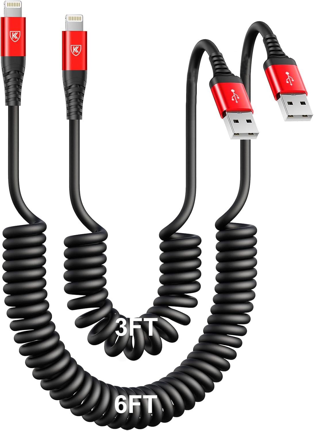 Coiled Lightning Cable, iPhone Charger Cable 3FT/6FT for CarPlay, 2 Pack [Apple MFi Certified] Lightning Cord Compatible with iPhone14/13/12/11 Pro Max/XS MAX/XR/XS/X/8/7/Plus/6S iPad/iPod-Red