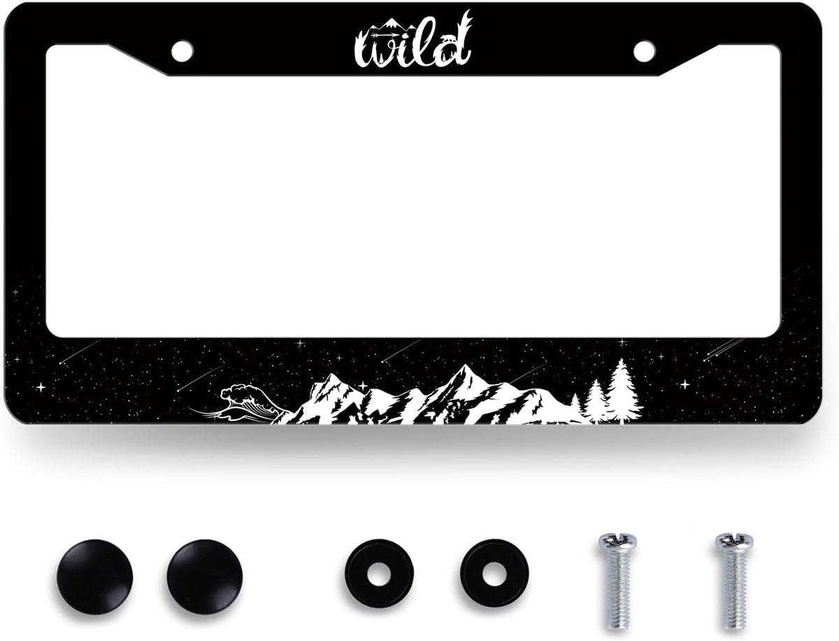 Mountains License Plate Frame Ocean Waves Forest Starry Sky License Plate Stainless Steel Mountain Car Accessory Funny License Plate Decoration Men Women Size 12.2" x 6.2" with Screw