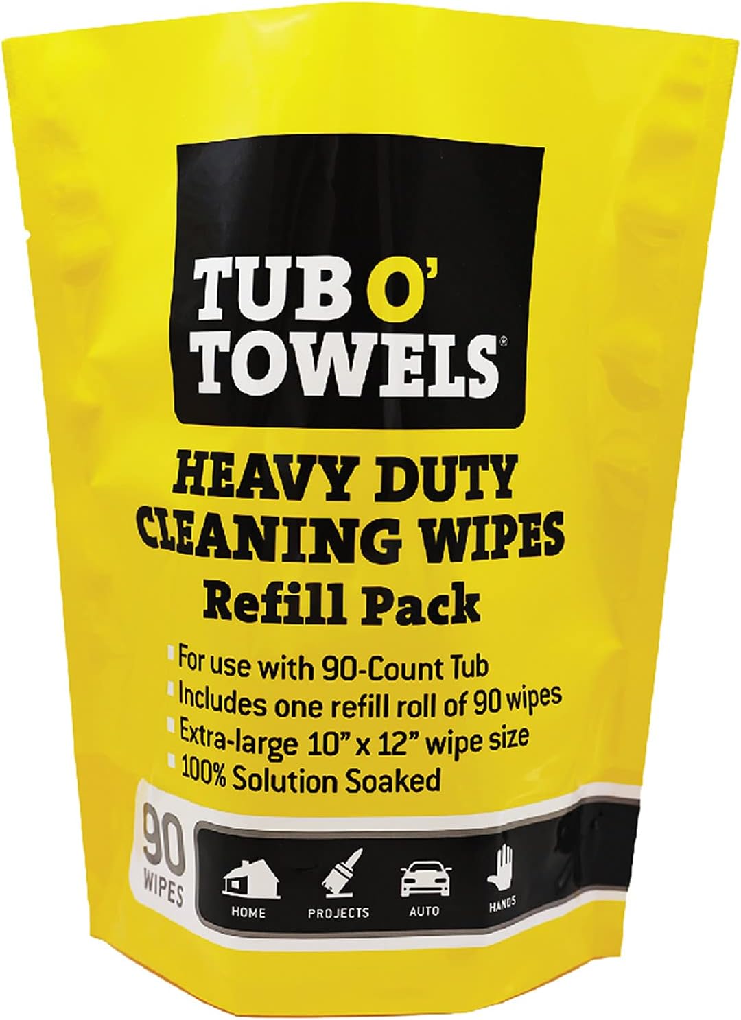 Tub O' Towels Heavy-Duty Cleaning Wipes Refill Pack, Fits 90-Count Canister, Extra-Large 10" x 12" Multi-Surface Wipes for Grease, Grime, and Tough Stains, Convenient Refill for Home, Auto, and More