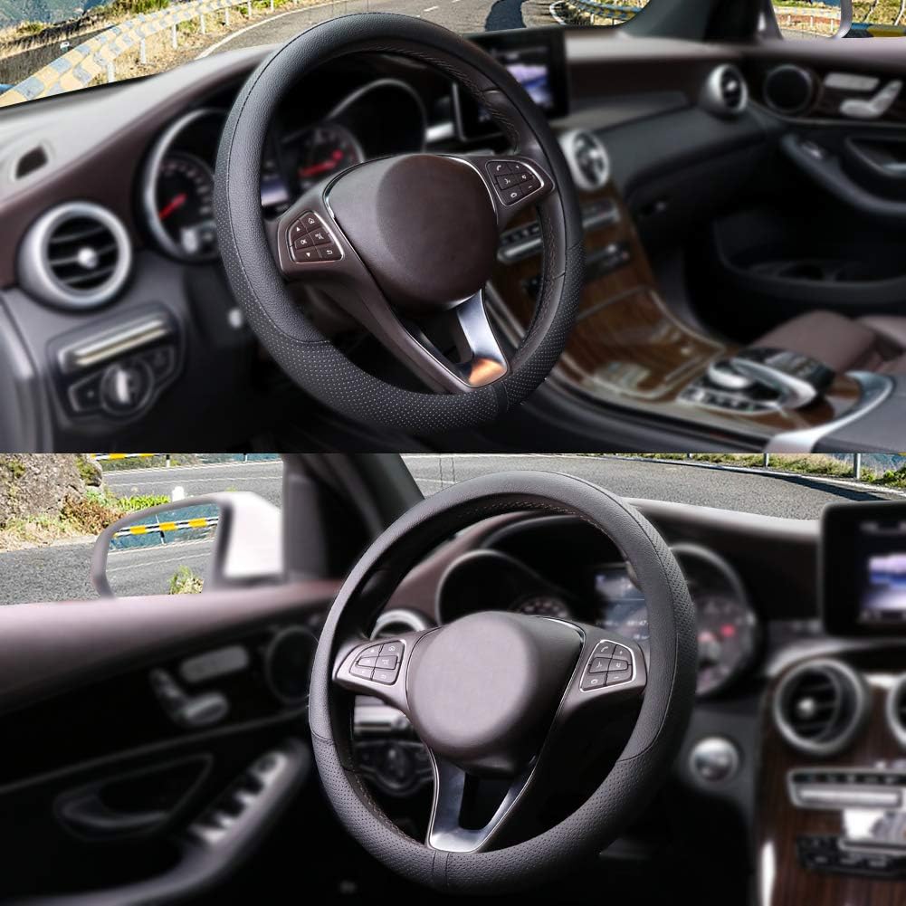 COFIT Breathable Car Steering Wheel Cover 15 inch Auto Universal Leather Wrap Non-Slip Steeringwheel Protector Automotive Interior Accessories, Black (Suit for 14.5-15 inch)