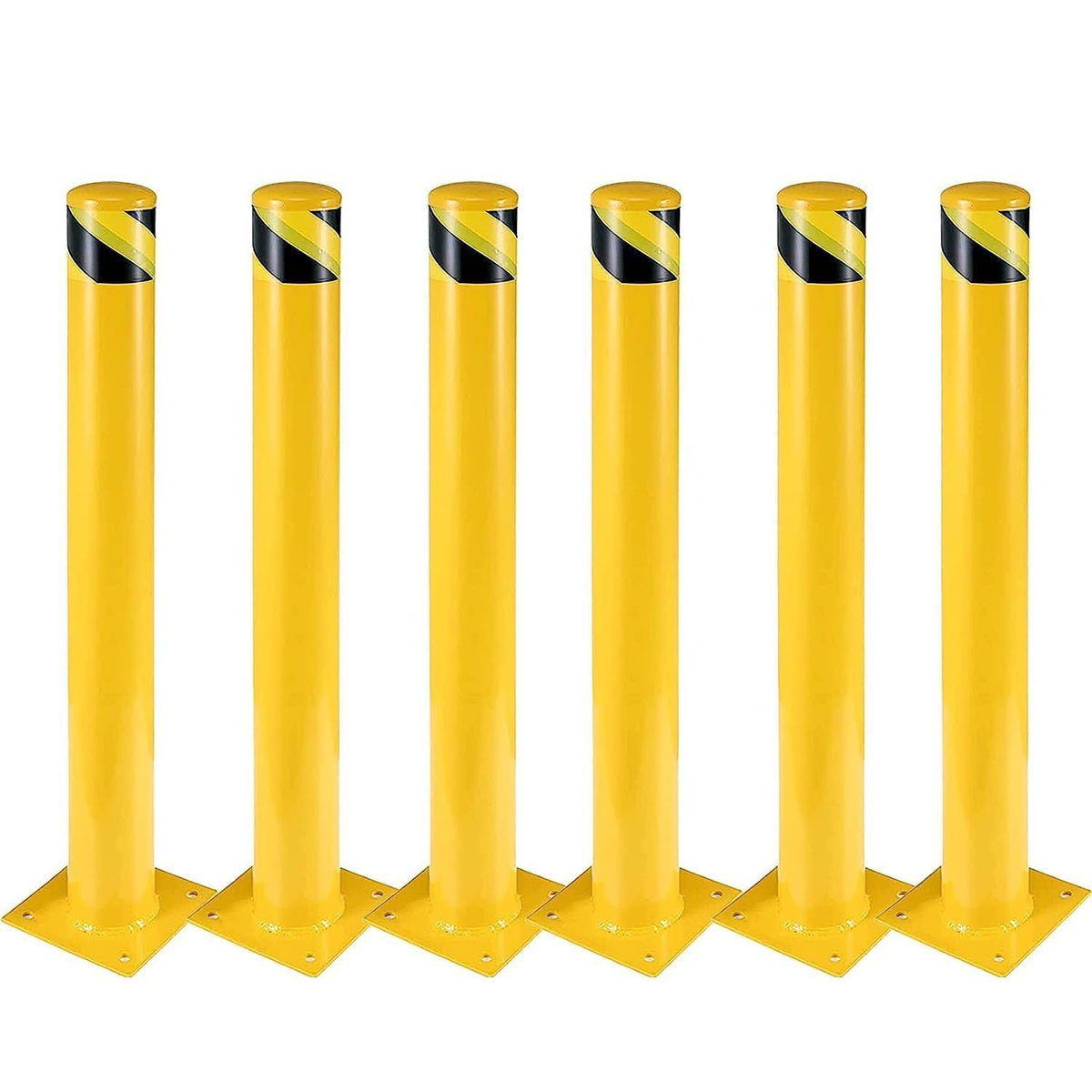 6Pcs Heavy Duty Safety Bollards, 48" Height, 4.5" Diameter Steel Pipe Bollard Post with 24 Anchor Bolts, High-Visibility Yellow Parking Bollard for Traffic Control, Warehouses, & Pedestrian Safety