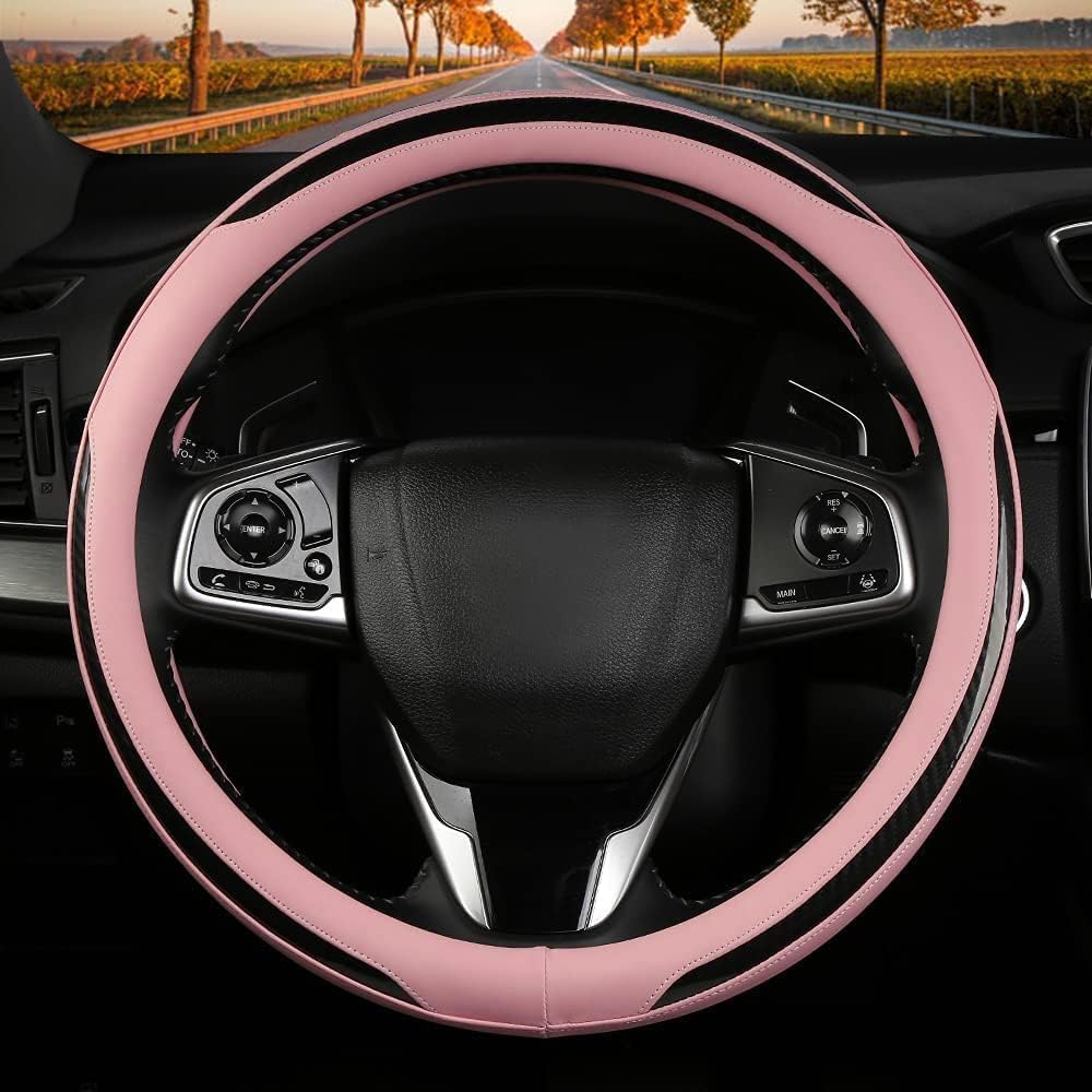New Leather Car Steering Wheel Cover, Non-Slip Car Wheel Cover Protector Breathable Microfiber Leather Universal Fit for Most Cars