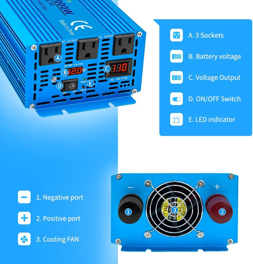 LVYUAN 3000 Watt Pure Sine Wave Inverter 12V to 110V 120V DC to AC with 3 AC Sockets, LED Display, Wireless Remote Control, Car Power Inverter for Vehicles Home RV Camping Truck Solar System