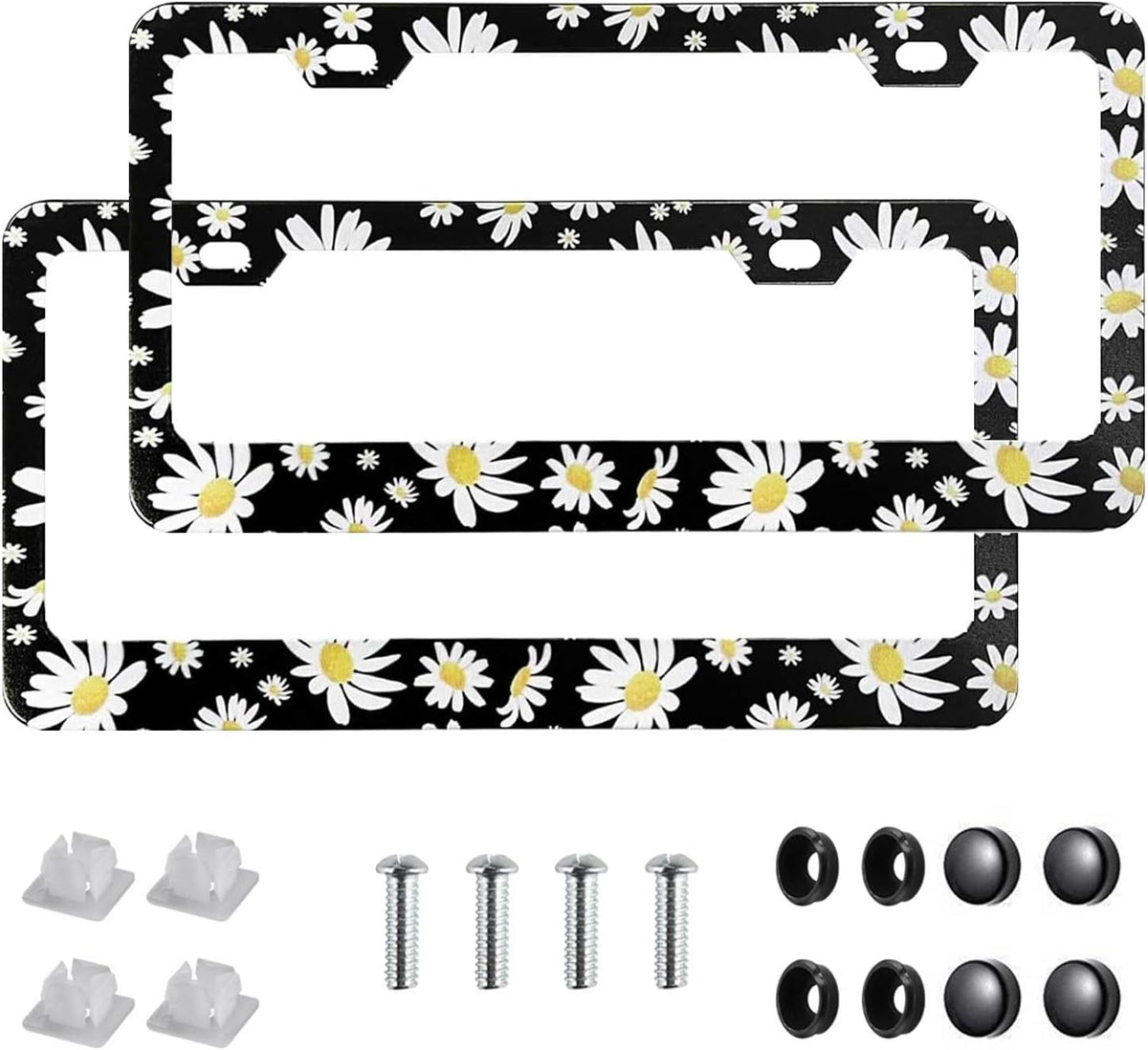 2 Pack Universal Daisy Floral License Plate Frame - Heavy Duty Rustproof Aluminum Matte Black Daisy Car Tag Holder Cover Bracket Fits All Vehicles, Easy Install with Screws Included