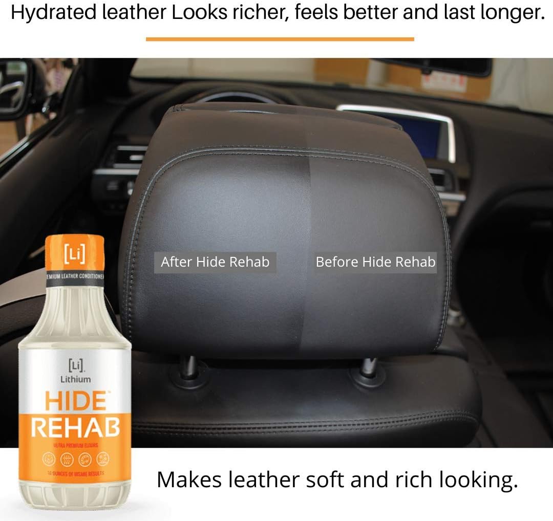 Lithium Hide Rehab Car Leather Cleaner and Conditioner - All Natural Premium Leather Conditioner for Car Interiors - Hydrates, Moisturizes, and Protects Leather - Leather Restorer (16 Ounce)