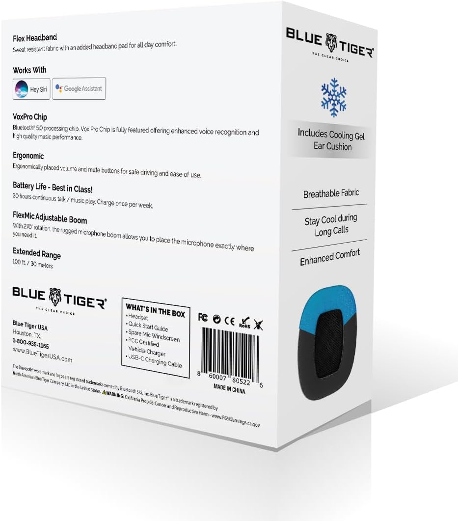 Blue Tiger Storm Black - Premium Trucker Bluetooth Headset - Wireless Noise Canceling Mono Headset with Mic - High-Fidelity Sound, 30-Hour Talk Time, USB-C Charging - for Truck Drivers, Bluetooth 5.0