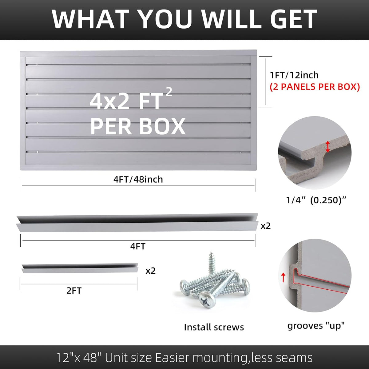 Slatwall Panel Garage Organizer Heavy Duty Wall Mounted, PVC Slat Panels Home Storage System, Tool Organization Peg Board 4ft by 2ft (Gray)