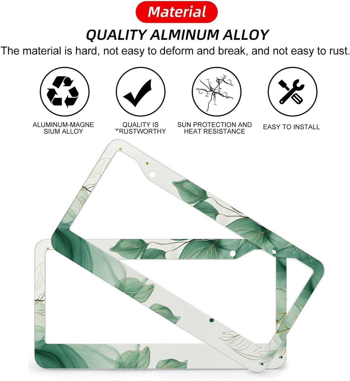 Watercolor Green Palm Leaves License Plate Frames - 2 Pcs Set 2 Holes Metal Aluminum Auto Car Accessories Decoration License Plate Frame 12.2 x 6.3 inch for Women Men Gift