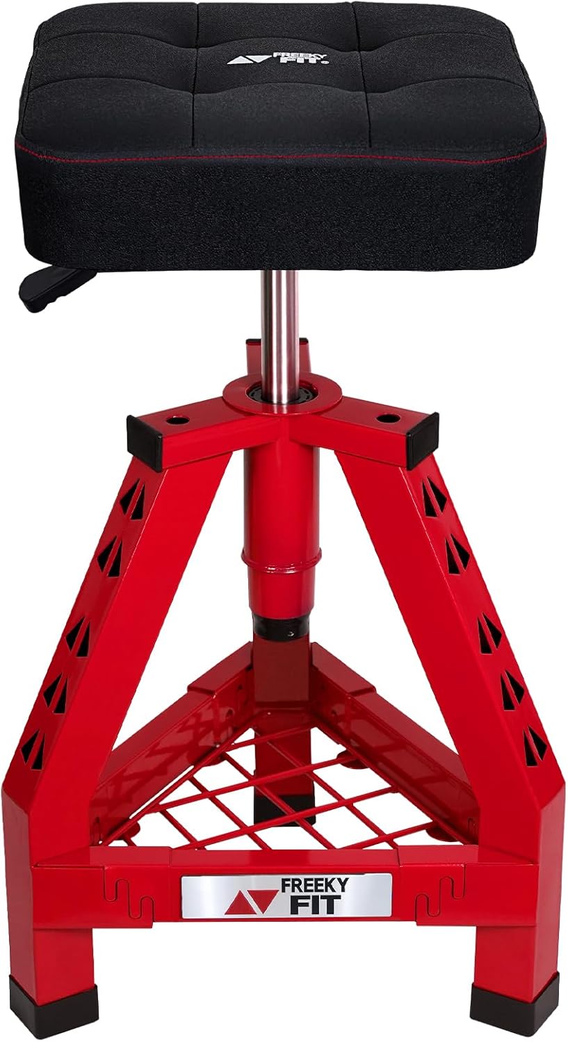 Adjustable Shop Stool,Garage Mechanic Stool Chair,Work Seat for Workshop, Adjustable Height, 360° Swivel Padded Square Seat,Tool Storage, 350 LBS Capacity, Heavy Duty, Red