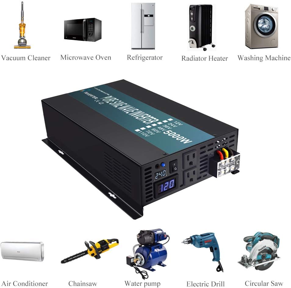 WZRELB Pure Sine Wave 5000W (10000W Surge) 24V Power Inverter DC to AC Power - Solar, RV, RBP-S500024
