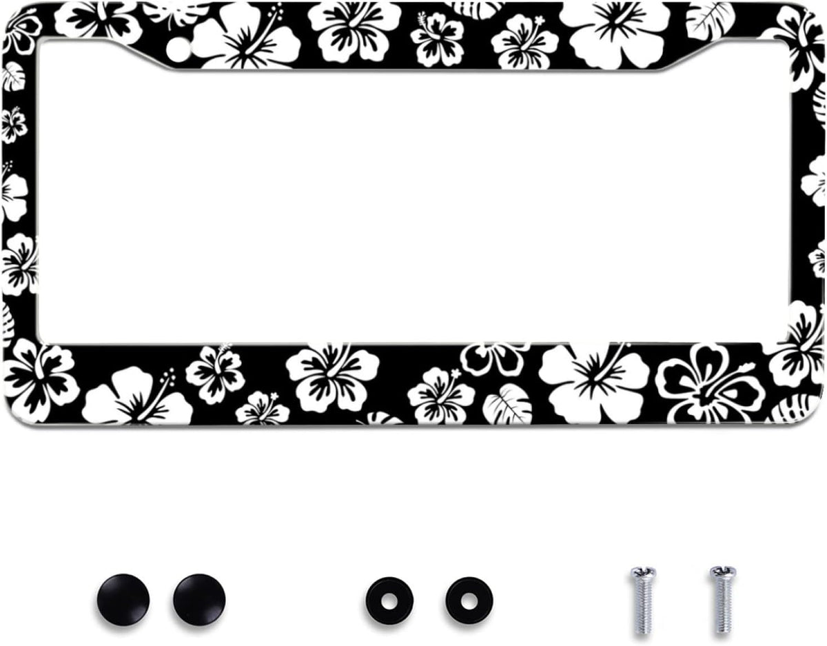 White Hibiscus Hawaii Flowers License Plate Frames Floral Round Hole Personalise License Plate Frame Car Universal Accessories Stainless steel Cars Decor Fits Standard US Vehicles Size 12.2 x 6 Inches