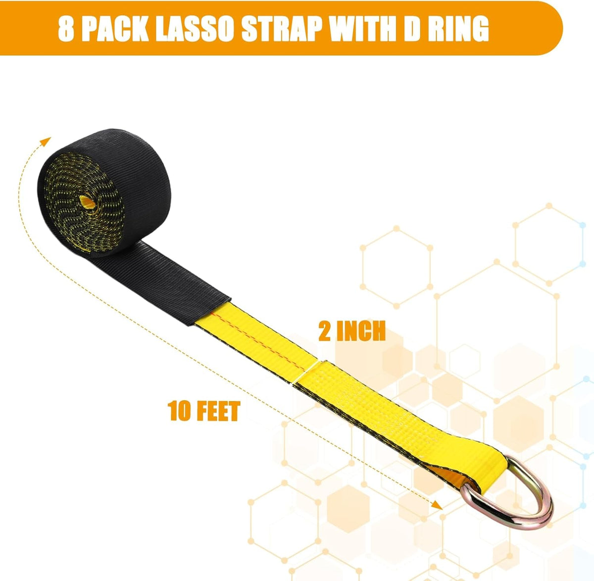 8Pack 2" X 10 ft Tow Truck Straps Lasso Wheel Lift Straps Lasso Tow Strap with D Ring 11, 000 Lbs Break Strength Auto Tie Down Auto Hauler for Trailer Truck Tie(Yellow)