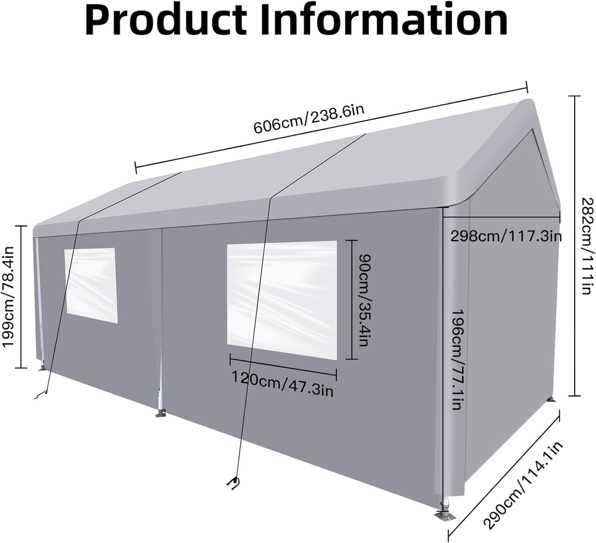 Car Canopy Portable Garage Duty Carport with Roll-up Windows,Portable Garage with Removable Sidewalls & Doors, Car Canopy with All-Season Tarp for Car Boat Truck Motorcycle 10FT×20FT (Grey)