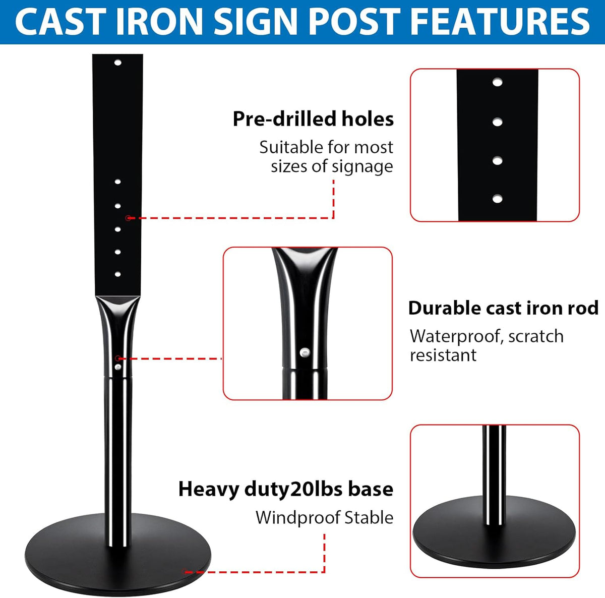 2Pack Heavy Duty Parking Sign Post for Outside, 20lbs Cast Iron Base Sign Post for Outdoor Sign Holder, Yard Sign Stand, Street Sign Post, 49" Height, Black