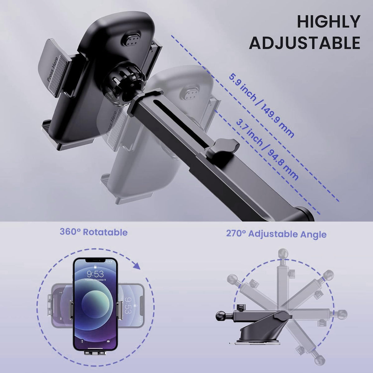 Qifutan Universal Car Phone Holder Automobile Cell Phone Holder Car Mount for iPhone Universal Car Dashboard Mount Fit All Phones