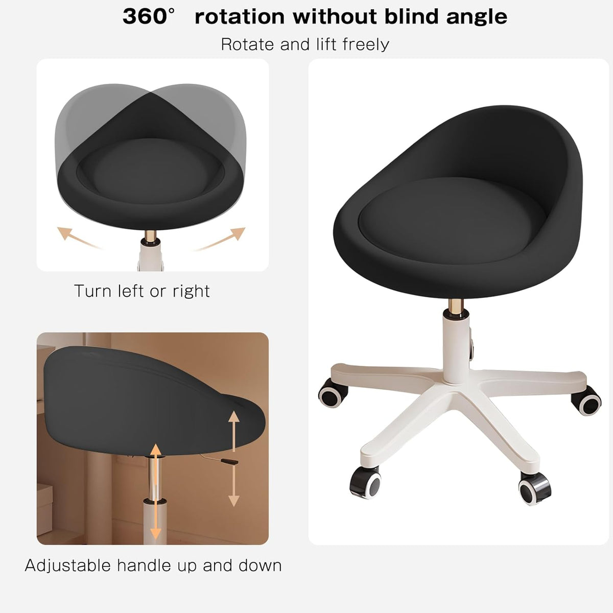 Rolling Stool Set of 6 Rolling Hydraulic Salon Stool with Low Backrest - Adjustable Swivel Chair for SPA, Shop, Salon, Massage, or Medical Office Black