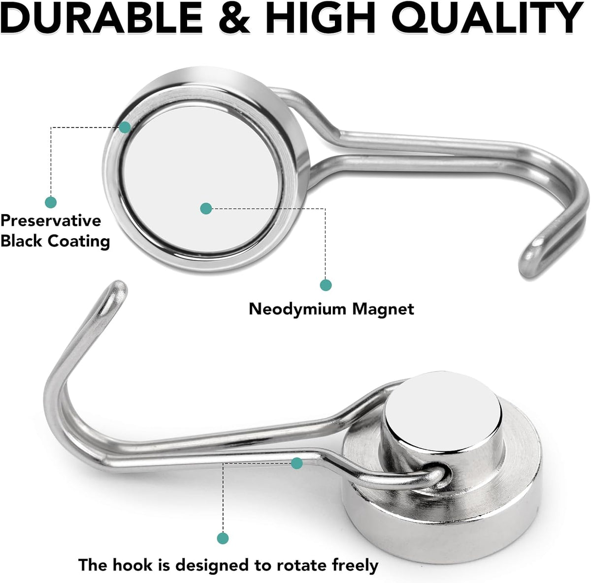 MIKEDE Magnetic Hooks, 40LB Strong Neodymium Magnet Hooks Heavy Duty, Magnetic Swivel Hooks for Hanging, Rust Proof Strong Magnets with Hook Magnetic Metal Hanger for Fridge, Toolbox - 4 Pack