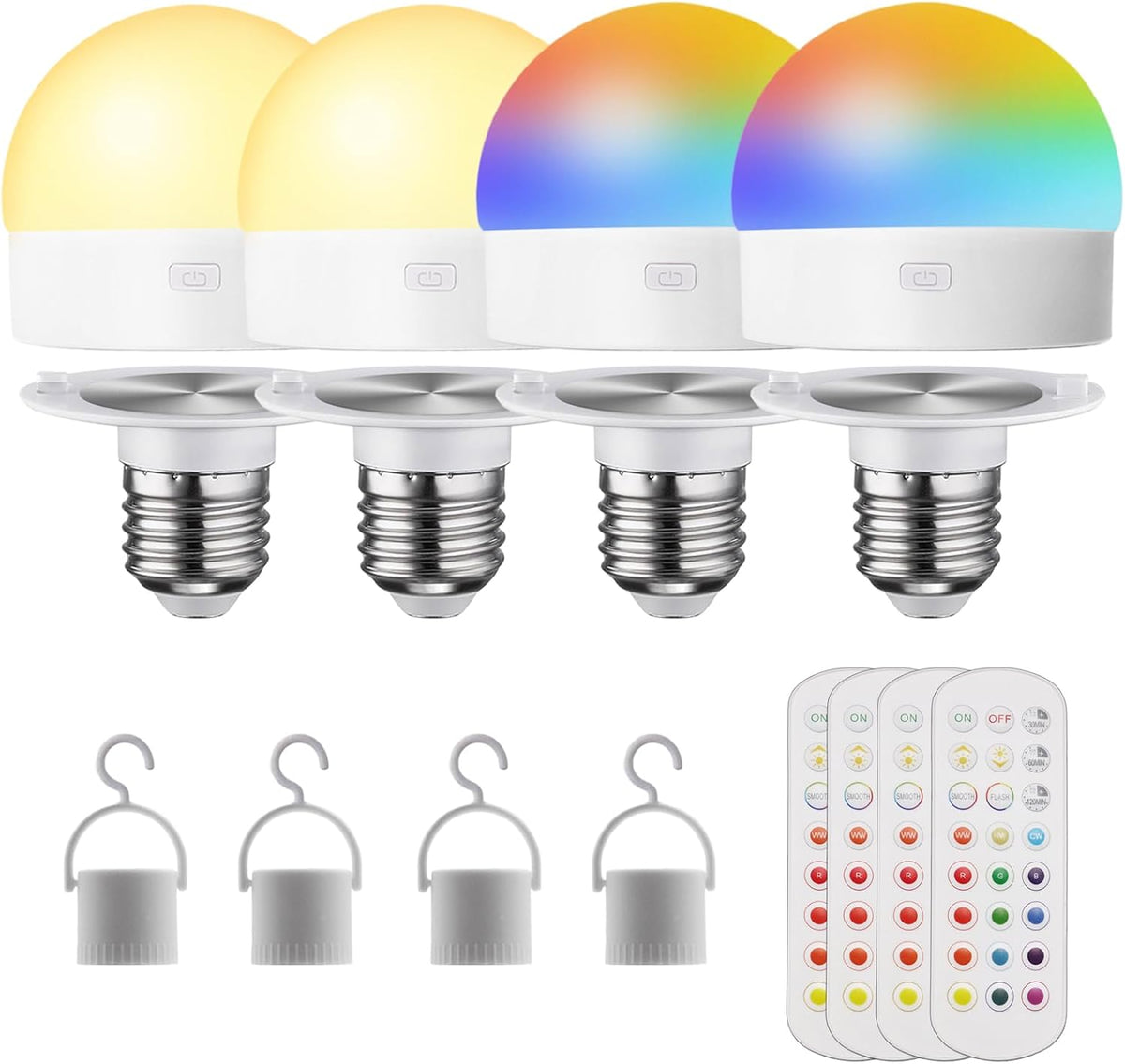 HISTAR Rechargeable Light Bulbs with Remote, E26 Battery Operated Light Bulb for Non-Hardwired Fixture, 3-Color Temperature, RGB, Timer, 4Pack
