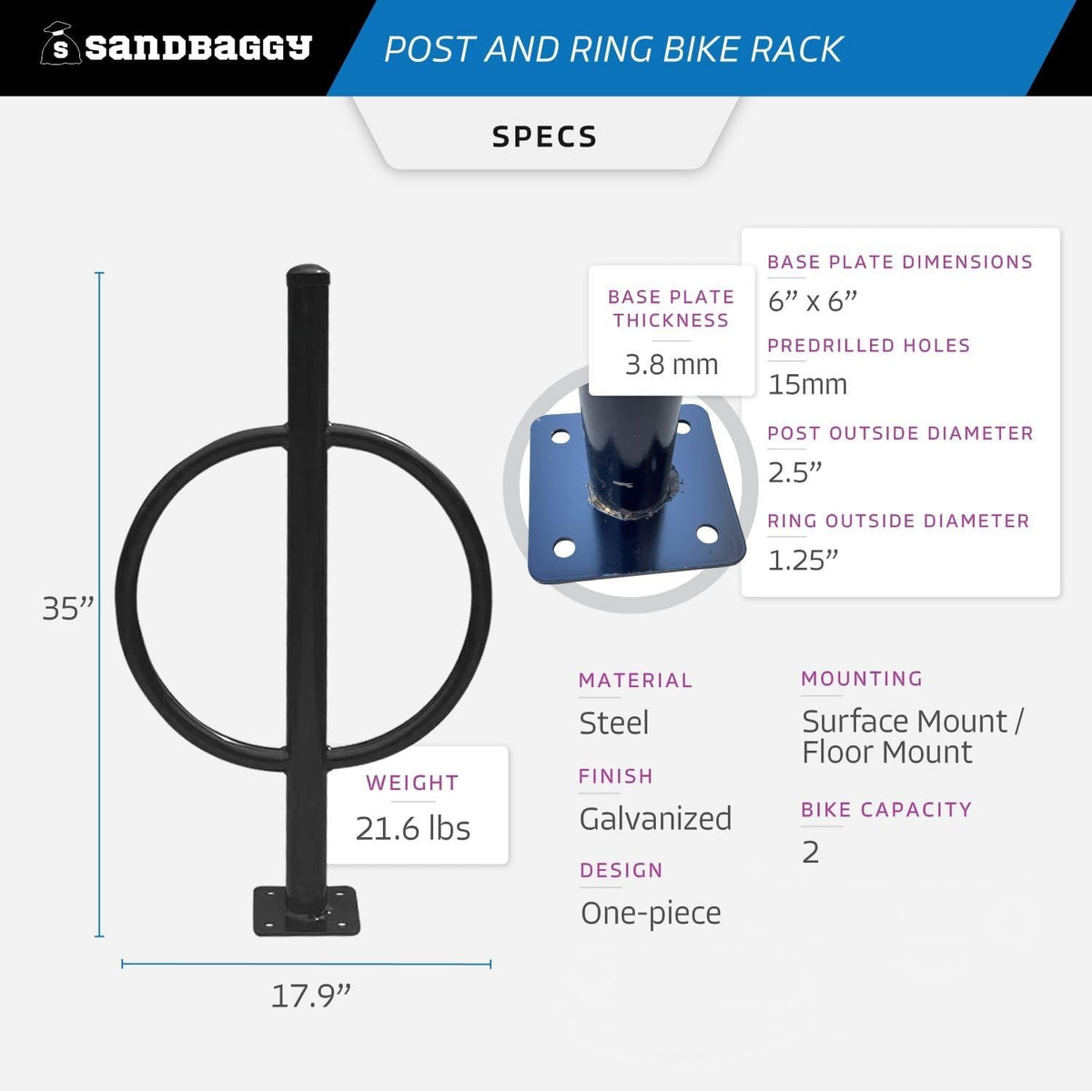 Sandbaggy Post and Ring Bike Rack - Commercial Bike Racks - Galvanized Steel - Anti-Theft Design - In Ground, Apartments, Sidewalks, Industrial (Red, 20)
