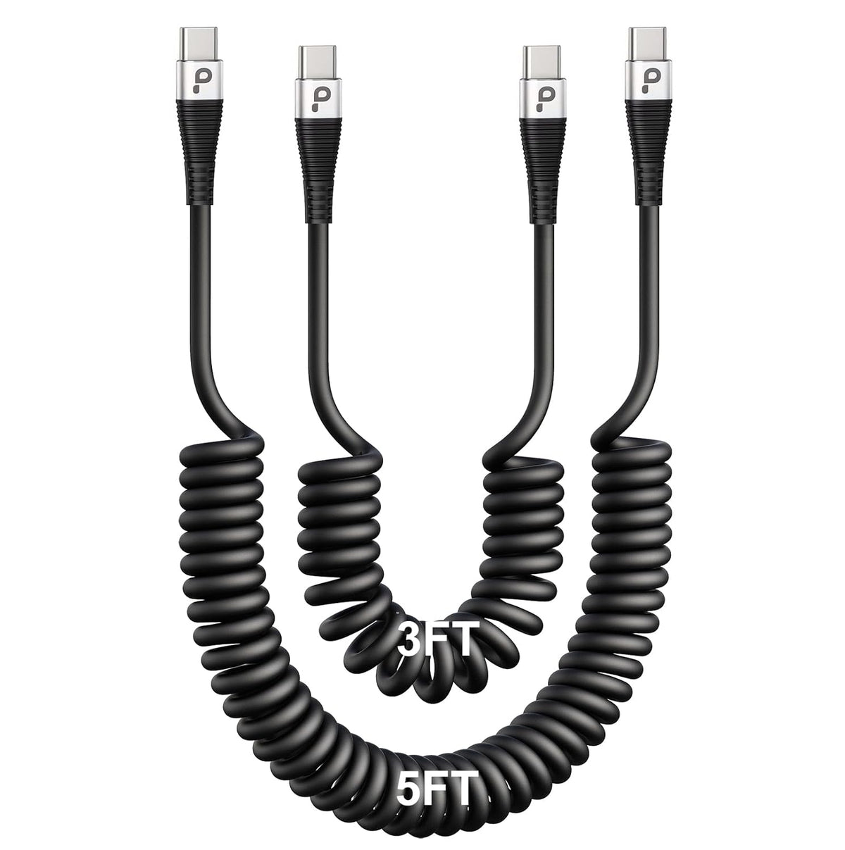 Coiled USBC to USBC Cables for Car 3FT/5FT, USB C to USB C Fast Charging Cables Short Type C Cord for iPhone 16/15/Pro/Plus/Pro Max/Samsung Galaxy S23, Compatible All Type C Devices-Silver 2Pack
