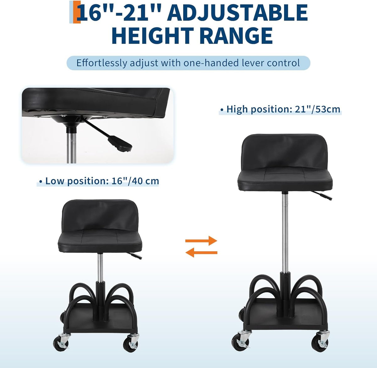Garage Stool, 19”-25” Adjustable Rolling Mechanic Stool with Universal Wheels, Removable Magnetic Tool Tray, 300LBS Capacity, Roller Creeper Seat, Shop Chair