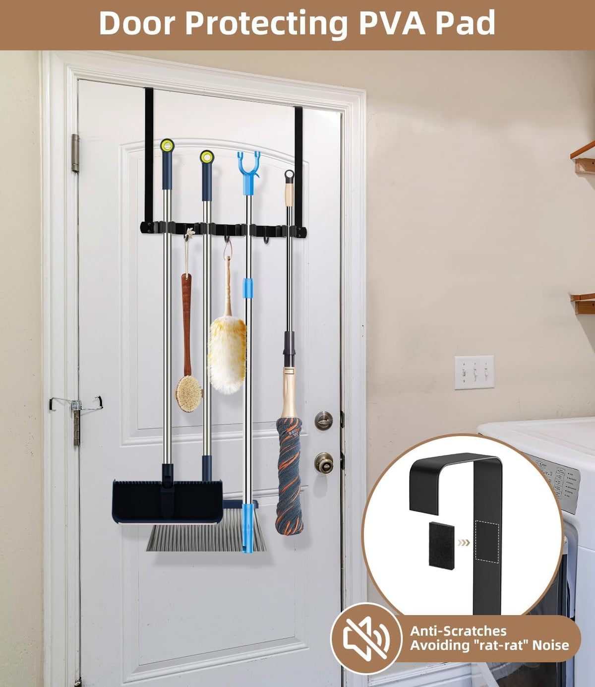 Broom Holder Over The Door 2Pack - 304 Stainless Steel Mop and Broom Hanger Wall Mounted or Hanging Over The Door with Hooks - Tool Organizer for Garage Closet Laundry Kitchen Decor