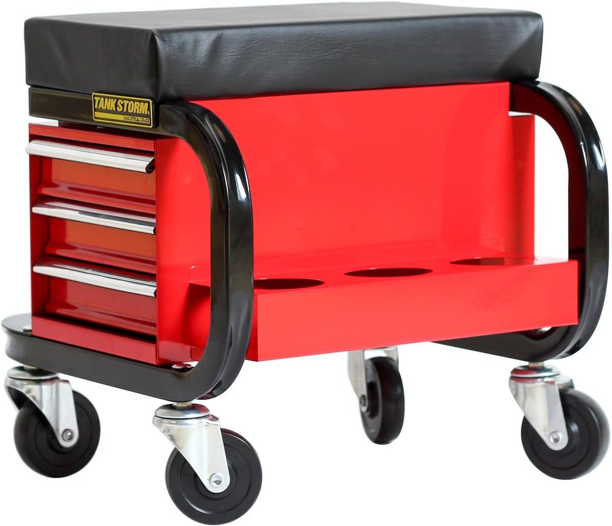 Tool Box Built-in Creeper Seat, Garage Shop Roller Seat, 3 Drawers Heavy Duty Tool Chest with 4 Rolling Casters-350 Lbs Capacity