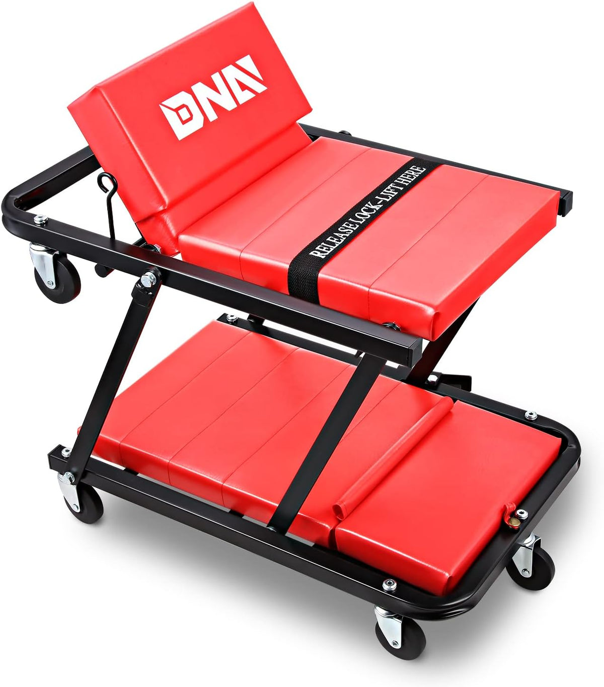 DNA Motoring TOOLS-00192 48" 2 IN 1 Folding Rolling Garage Shop Creeper Roller Seat, 7 Pcs 2" Casters, 350 Lbs Weight Capacity, Red