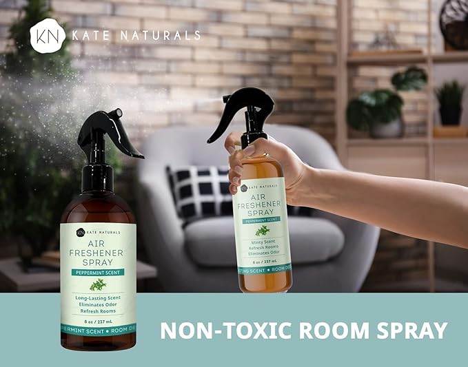 Kate Naturals Peppermint Air Freshener Spray for Room & Car with Natural Mint. Odor Eliminator Peppermint Spray for Bathroom & Linen (8 fl oz, Pet Safe, Non Toxic)