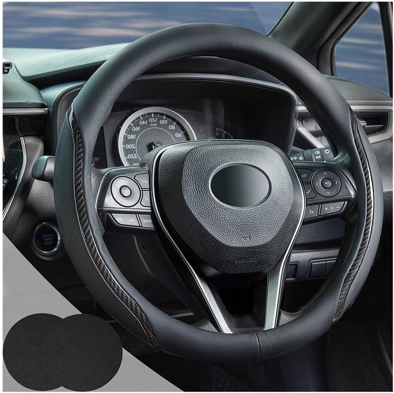 Steering Wheel Cover Black, Carbon Fiber Car Steering Wheel Covers with Coasters Universal 14.5-15 inch Leather Microfiber Breathable Anti-Slip Steering Wheel Accessories Set