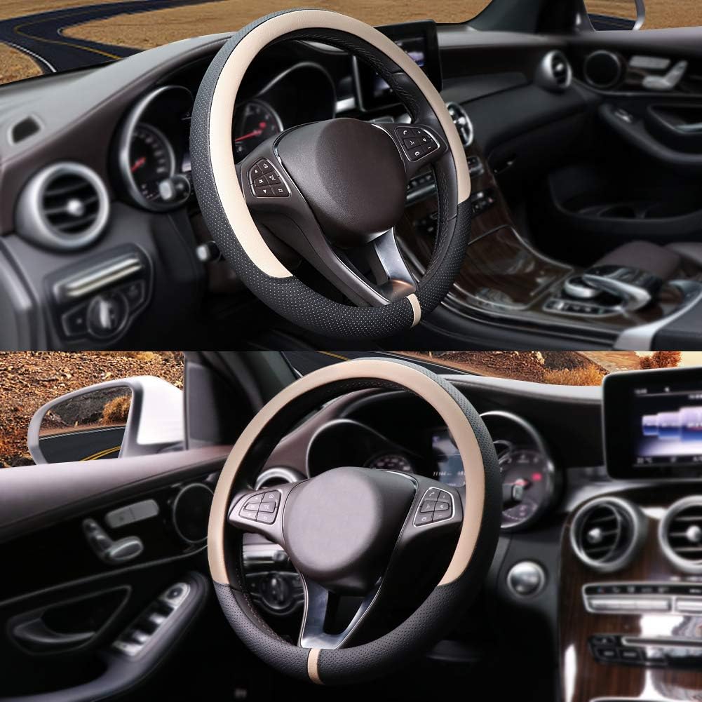 COFIT Breathable Car Steering Wheel Cover 15 inch Auto Universal Leather Wrap Non-Slip Steeringwheel Protector Automotive Interior Accessories, Beige (Suit for 14.5-15 inch)