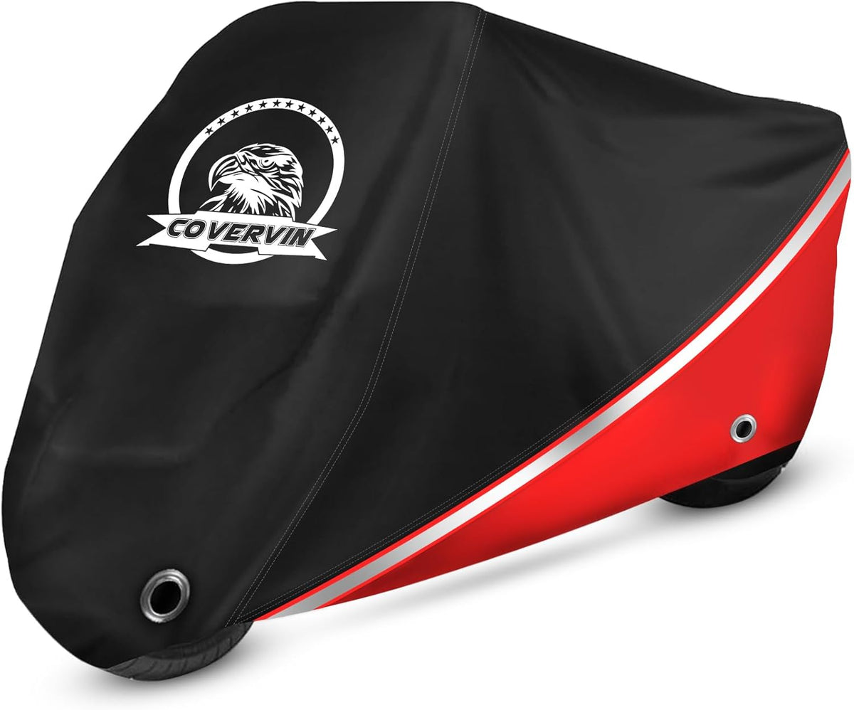 COVERVIN Motorcycle Cover, All Weather Outdoor Waterproof Night Protection with Reflective Strips, Locking Holes and Storage Bag for 91 Inch Suzuki, Kawasaki, Honda, Harley-Davidson(Red L)